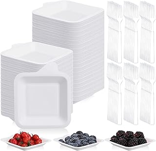 200 Count 4 Inch White Square Plates Bagasse Plates and 200 Count Clear Plastic Forks Heavy Duty Small Disposable Plates Dessert Plates Cake Plates Disposable Cutlery Set for Wedding Party Supplies