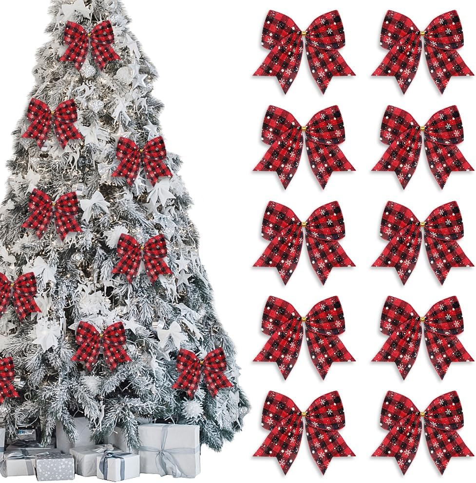 Estivaux 10 PCS Christmas Bows for Wreath, Xmas Wreath Bows White Black Buffalo Plaid Bow Winter Holiday Burlap Craft Bow Xmas Farmhouse Tree Bows for Basket Christmas New Year Party Decorations