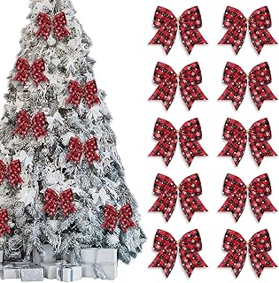 Estivaux 10 PCS Christmas Bows for Wreath, Xmas Wreath Bows Red Black Buffalo Plaid Bow Winter Holiday Snowflake Craft Bow Xmas Farmhouse Tree Bows for Basket Christmas New Year Party Decorations