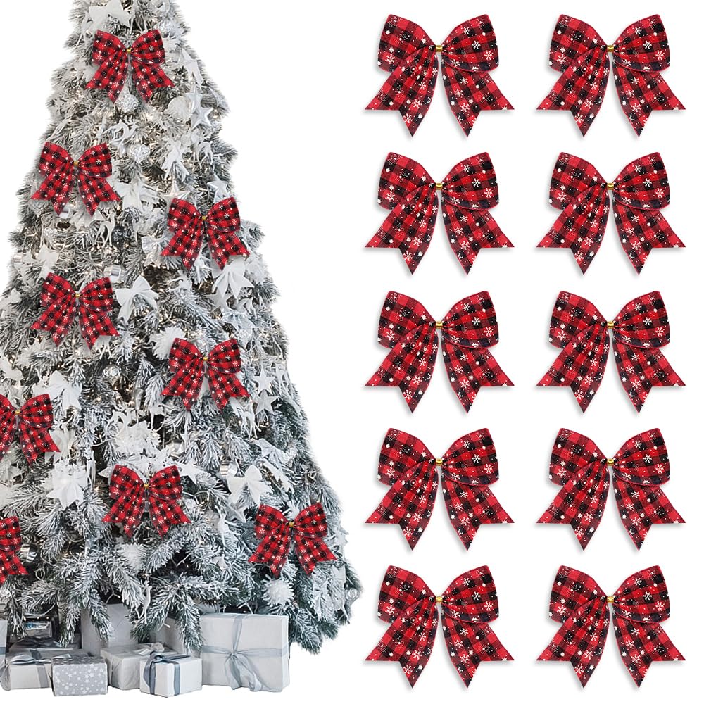Estivaux 10 PCS Christmas Bows for Wreath, Xmas Wreath Bows Red Black Buffalo Plaid Bow Winter Holiday Snowflake Craft Bow Xmas Farmhouse Tree Bows