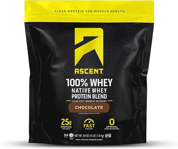 Ascent Proteína de Suero 100% en Polvo - Aislado de Proteína de Suero Post Entrenamiento, Cero Sabores y Endulzantes Artificiales, Sin Soja y Sin Gluten, 5.5g de BCAA, 2.6g de Leucina, Aminoácidos Esenciales, Chocolate 4 lb 4 Libras (Paquete de 1)