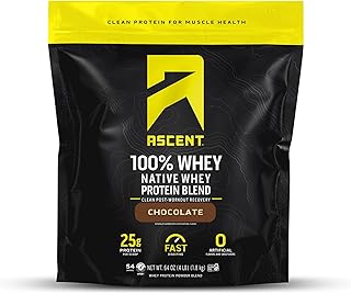 Ascent - Proteína aislada de suero en polvo 100%, sin edulcorantes ni sabores artificiales, sin gluten, 0.19 onzas de BCAA, 0.09 onzas de leucina, aminoácidos esenciales, sabor chocolate, 4 libras