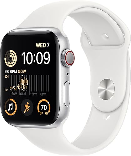 Apple Watch SE (2nd Gen) (GPS + Cellular, 44mm) - Silver Aluminum Case with White Sport Band, SM (Renewed)