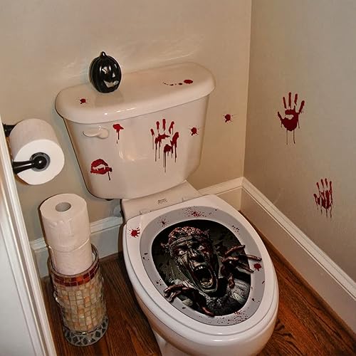 Calcomanías impermeables 3D para tapa de inodoro de Halloween, calcomanías de pared horribles para baño, póster de decoración sangrienta para fiesta