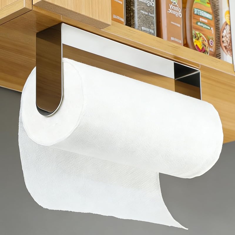 YIGII Self Adhesive Paper Towel Holder - Wall Mount Paper Roll Holder Under Cabinet, Polished SUS 304 Papertowel Holders, Stainless Steel, No Drilling (Polished Silver)