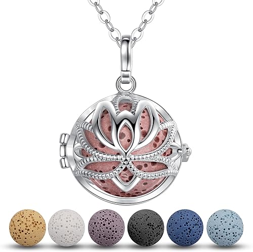 INFUSEU Collares de aromaterapia para la ansiedad, colgante de flor de loto para mujeres y niñas, difusor de aceites esenciales, joyería de piedra