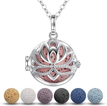 INFUSEU Essential Oil Necklace Lotus Flower Aromatherapy Pendant Scent Diffuser Anxiety Jewelry Spiritual Meditation Gifts Stash Lava Rock Stone Holder Cage