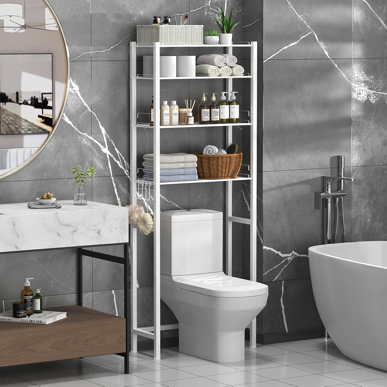 samstar 4 Tier Over The Toilet Storage Rack, Bathroom Organizer Shelves Cabinet Above Toilet, with Adjustable Height Freestanding Shelf Space Saver, White