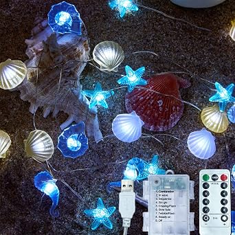 Ocean String Lights, 10 ft 30 LED Marine Life Lights with Sea Turtle, Seahorse, Starfish, Giant Clam and Coral Reef, USB or Battery Powered for Bedroom and Beach Room Decor