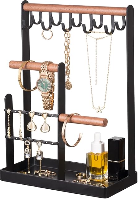 ProCase Jewellery Stand Necklace Holder, 4-Tier Jewellery Holder Ring Necklace Stand Display with Earring Tray and Holes, 10 Hooks Necklaces Organiser for Bracelet Watche Earrings Ring Gifts for Women