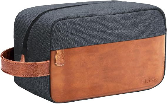Elviros Hanging Toiletry Bag for Men, PU Leather Travel Dopp Kit, Navy Blue