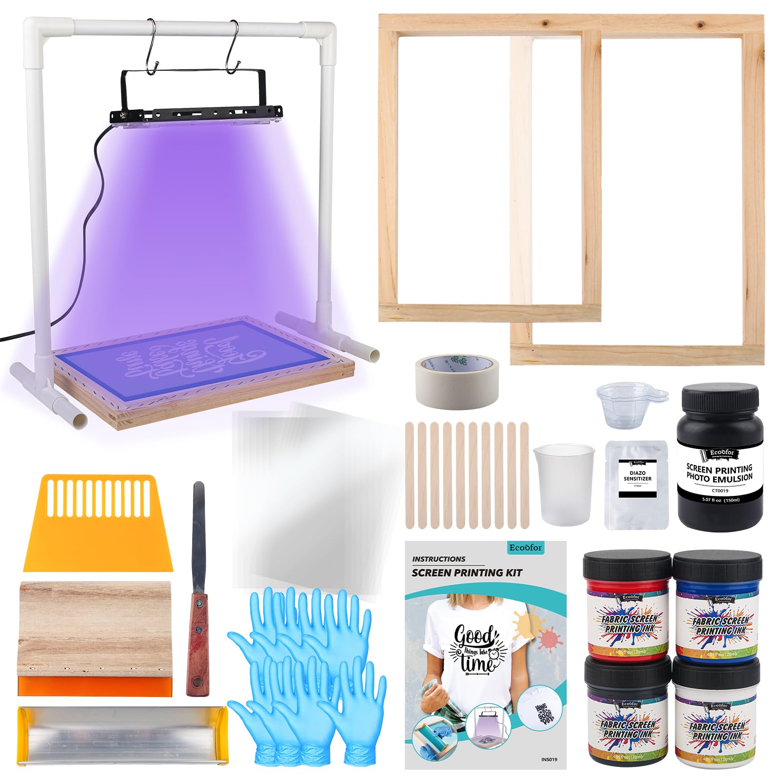 Ecoofor 47-teiliges Siebdruck-Set mit 50W UV-Lampe, Holzrahmen 2 Größen, 4 Farben, 10 A4 Folien