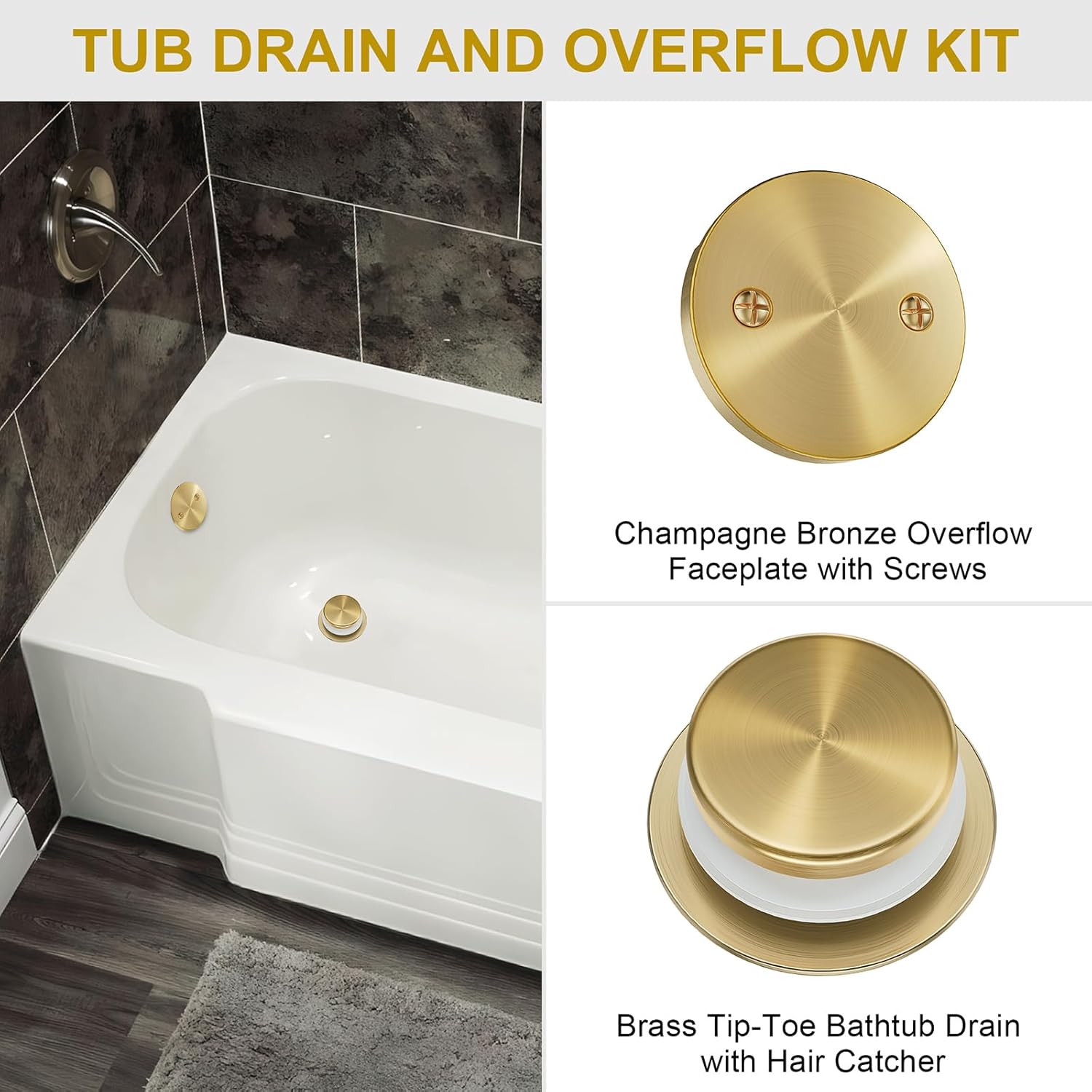 Champagne Bronze Bathtub Drain Stopper and Overflow Kit, Solid Brass Tip-Toe Bath Tub Drain with Hair Catcher - Universal Coarse/Fine Thread, Bathroom Bathtub Plug Replacement, 11.5/16 UNC