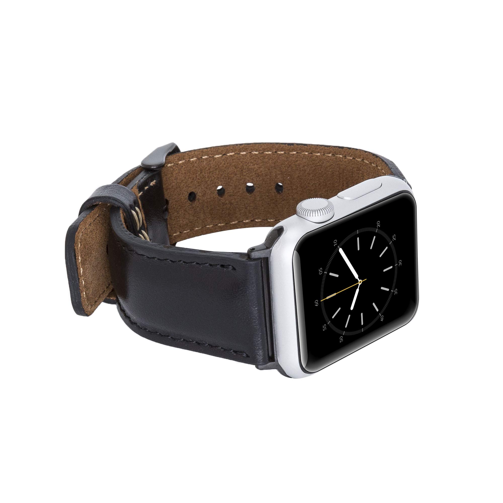 Venito Tuscany Bracelet de montre en cuir fait main compatible avec les montres Apple iWatch Série 5 ainsi que les séries 1, 2, 3, 4 42-44mm Noir rustique avec connecteur et fermoir noirs.