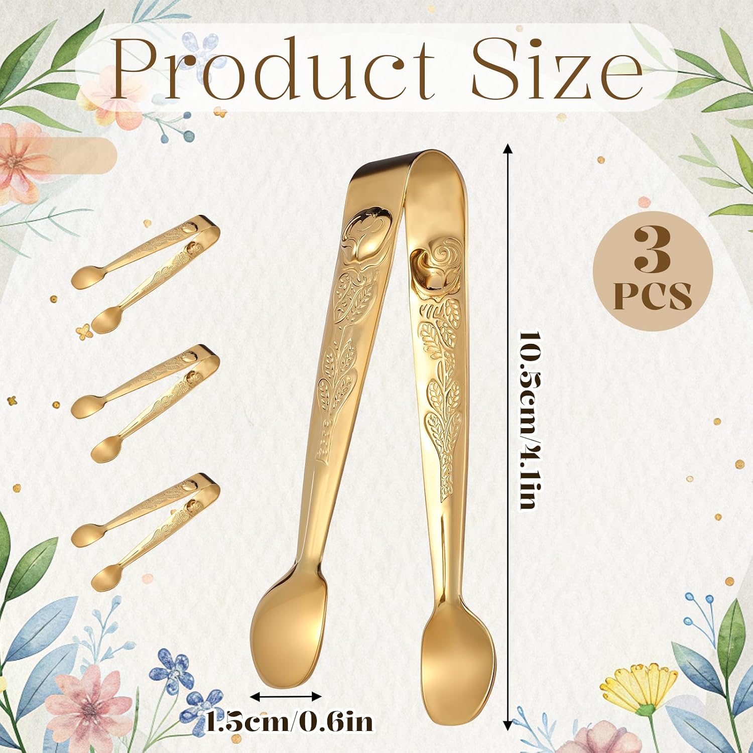 3Pcs Mini Serving Tongs, 4.1 Inch Stainless steel Sugar Tongs Ice Tongs for Charcuterie Desserts Tea Coffee Party Appetizers (Gold)