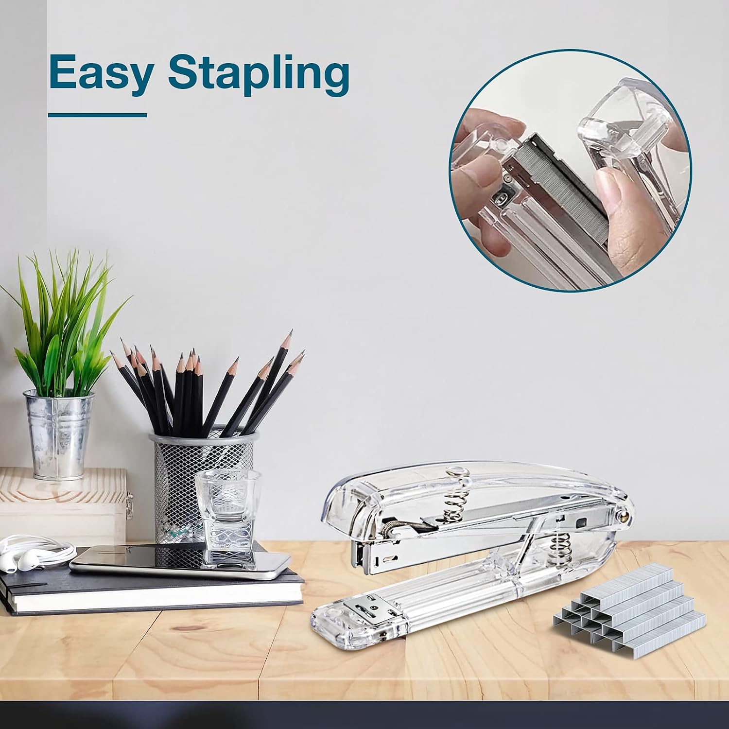 ULREON Office Stapler,Transparent Spring Powered Desktop Stapler with 1000 Pieces Staples - Silver