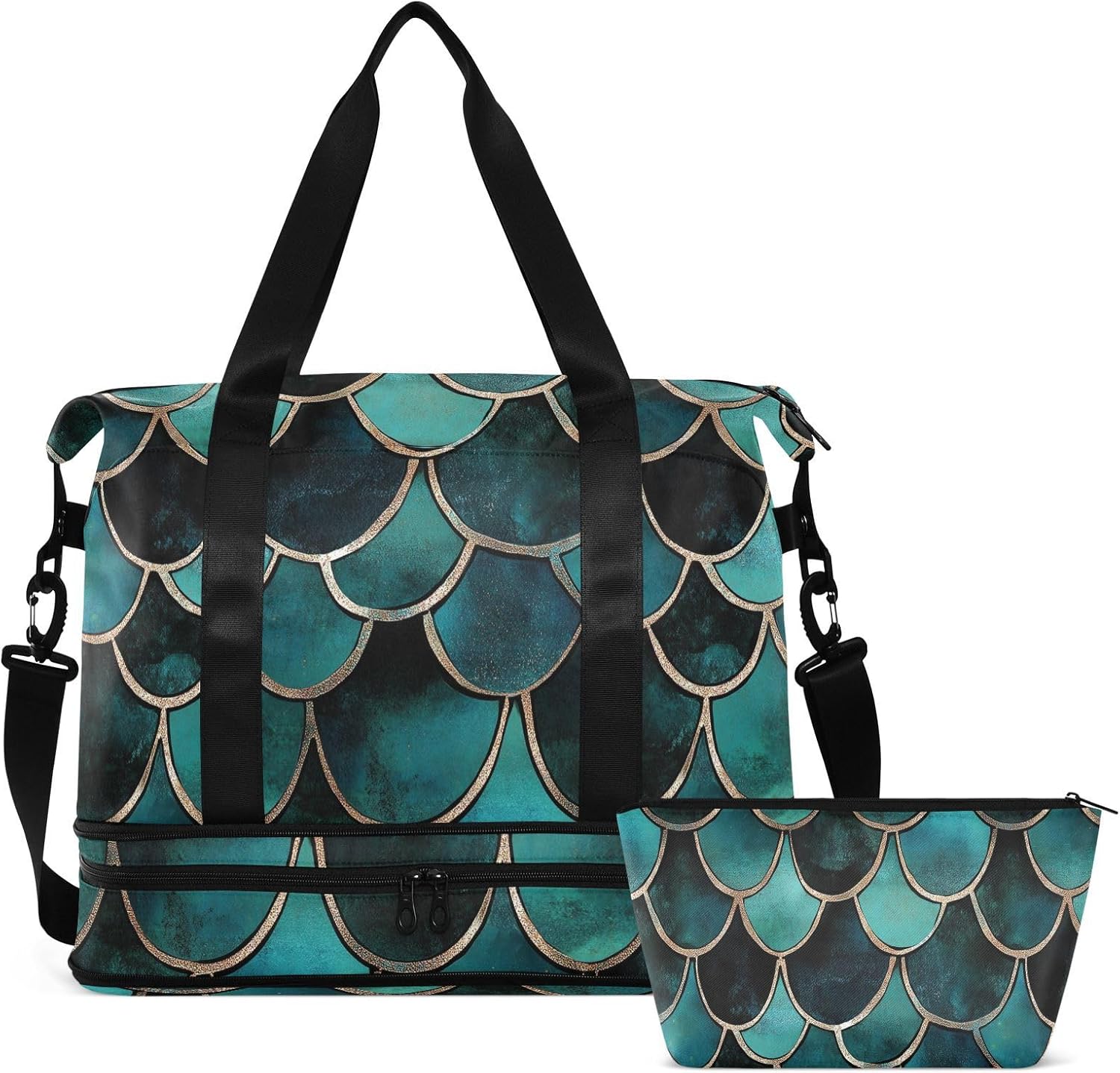 ALAZA Teal Color Mermaid Scale Gym Bag Sports Duffel Bag with Shoes Compartment, Overnight Weekender Travel Tote Bag for Women Men Trip College