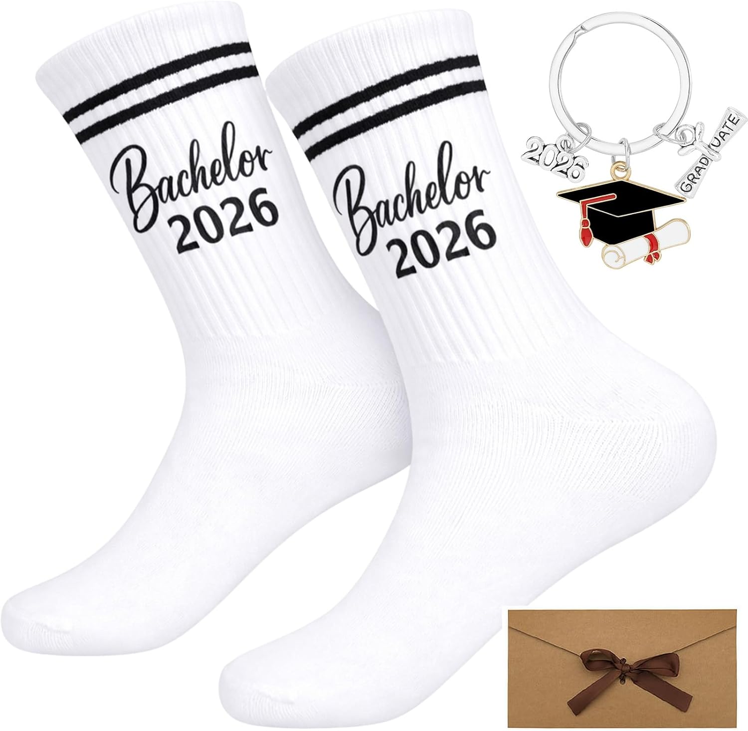 Bachelor Geschenk 2026 Set mit Socken und Schlüsselanhänger, Bachelor Abschluss Geschenk für Männer, Geldfreie Geschenkidee zum Studienabschluss, Abschluss Socken mit Umschlag für Freunde Familie