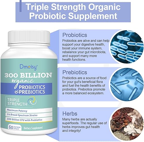Miniatura 3 de Probióticos para mujeres y hombres 300 mil millones de UFC 24 cepas probióticos con 15 hierbas orgánicas mezcla de prebióticos suplemento probiótico