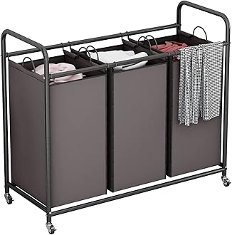 LINZINAR 3-Bag Laundry Sorter,Laundry Hamper Cart with Heavy Duty Rolling Lockable Wheels and Removable Bags (Brown)