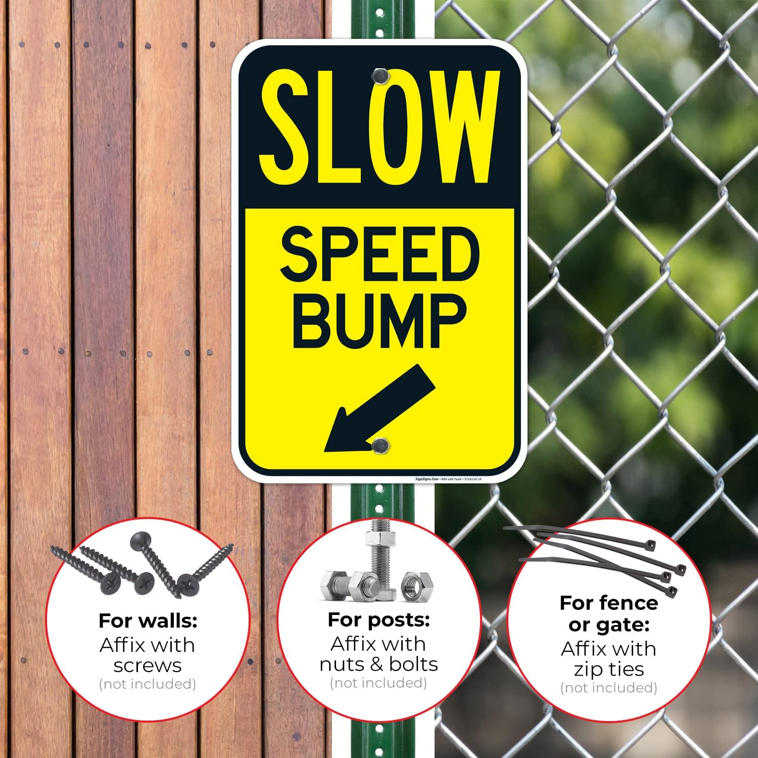 Slow Speed Bump with Down Left Arrow Sign, 12x18 Inches, Rust Free .063 Aluminum, Fade Resistant, Made in USA