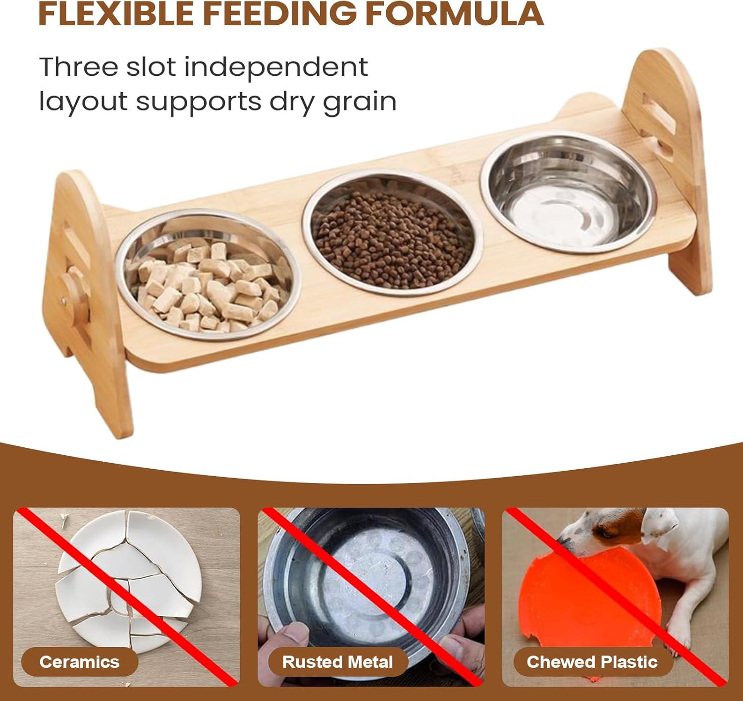 Elevated Cat Food Stand 52x18x18cm, Wooden Tilted Feeding Dish Holder with 3 Bowls for Home, Kitchen, Dining Area, Bedroom, Pet Feeding Setup