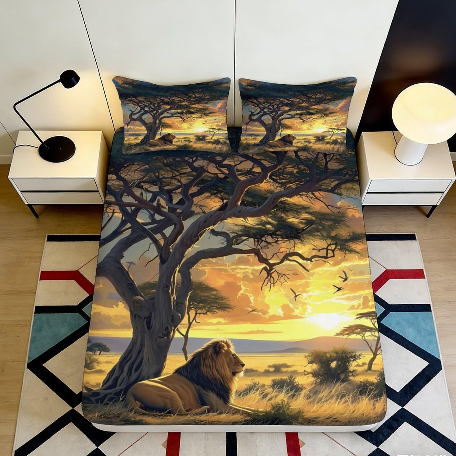 3D Printed Sunset Savanna Lion Fitted Sheet Microfiber Soft Anti-Slip Bed Cover for Bedroom Guest Room Decor 90x200x25cm