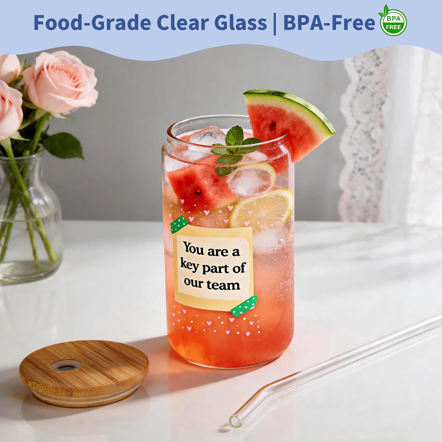VOBAGA16oz Iced Coffee Glass Cup with Lid & Straw, Appreciation Gift for Employees Coworker Colleague, Drinking Glasses for Smoothies, Corporate Welfare & Birthday Gift for Women Men, Office Daily Use