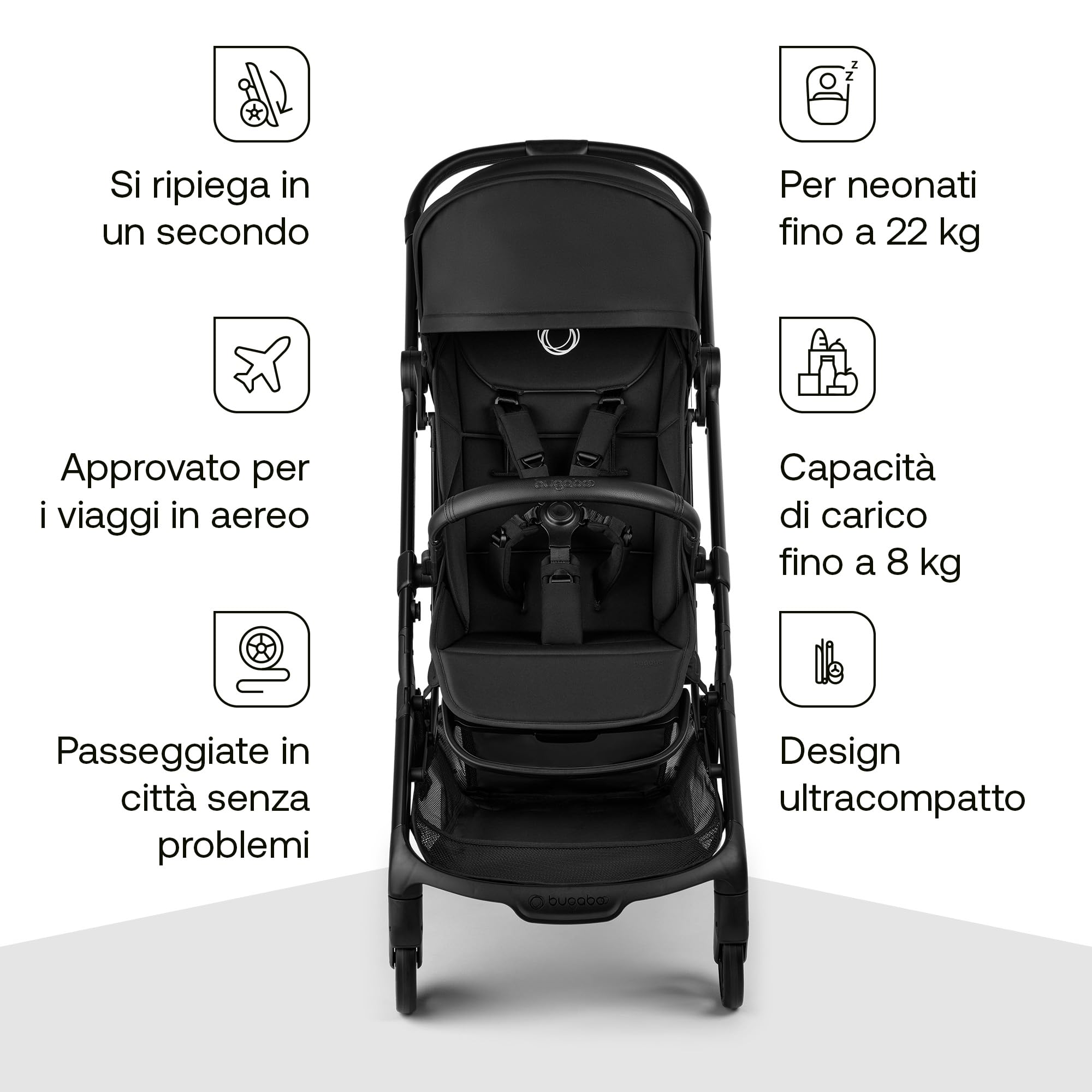 Bugaboo Butterfly 2 Passeggino da Viaggio – Sistemi Modulari con Maniglione e Parapioggia – Leggero, Piegabile con Una Mano, Seduta Reclinabile, Da 6 Mesi a 4 Anni – Heritage Black