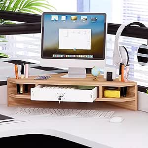 Ergonomic Corner Monitor Stand - 2 Tier Triangle Riser with Drawer ...