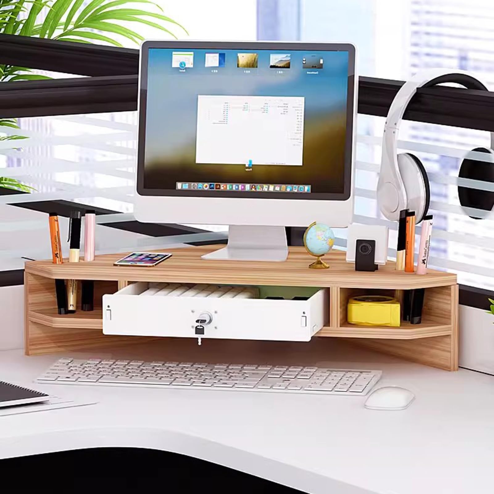 Supporto angolare per monitor a 2 livelli, triangolare, con cassetto, ergonomico, per scrivania, in legno naturale