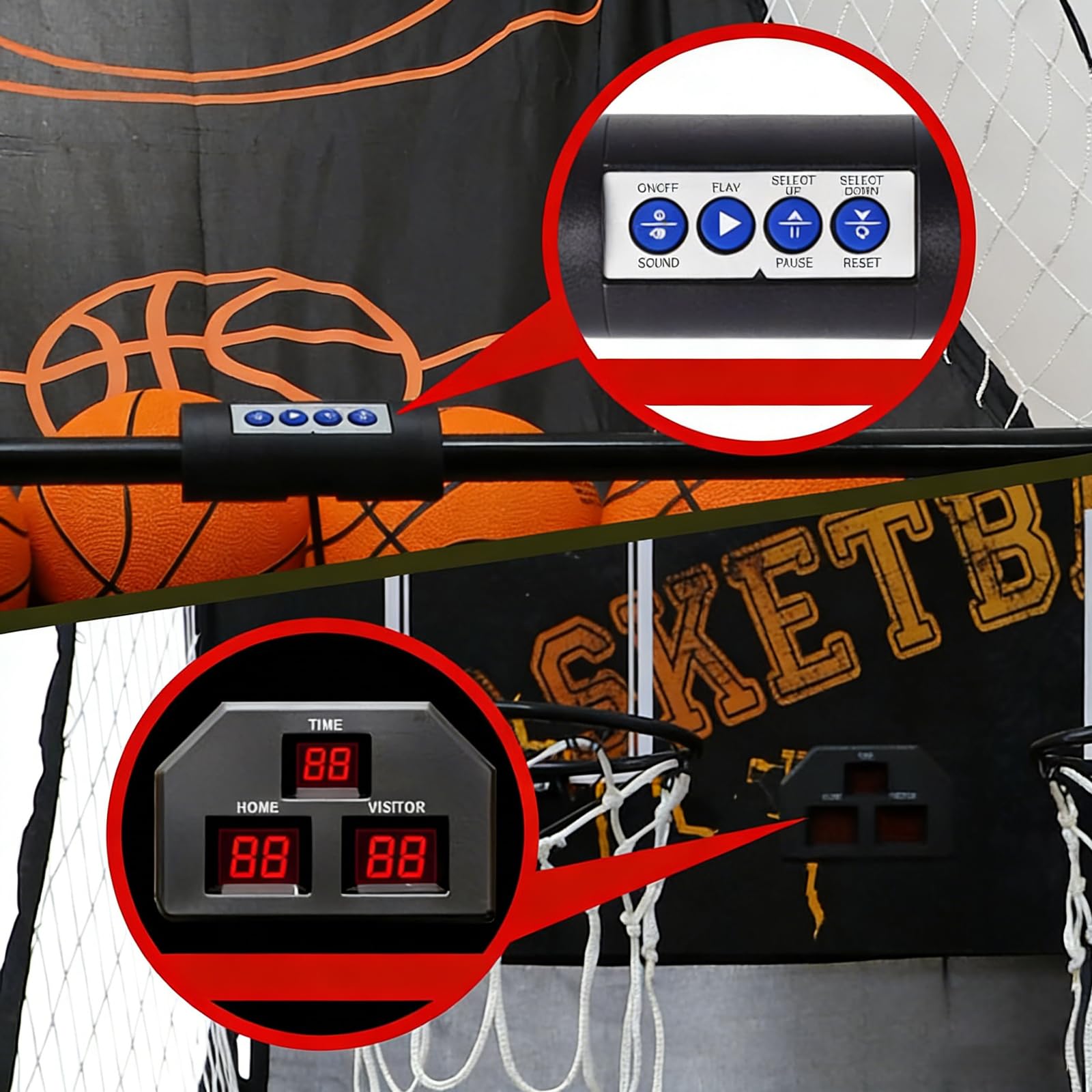 Elektroniczna gra w koszykówkę, składana gra zręcznościowa z 5 piłkami do koszykówki, 8 trybów, elektroniczna punktacja do zabawy w pomieszczeniach