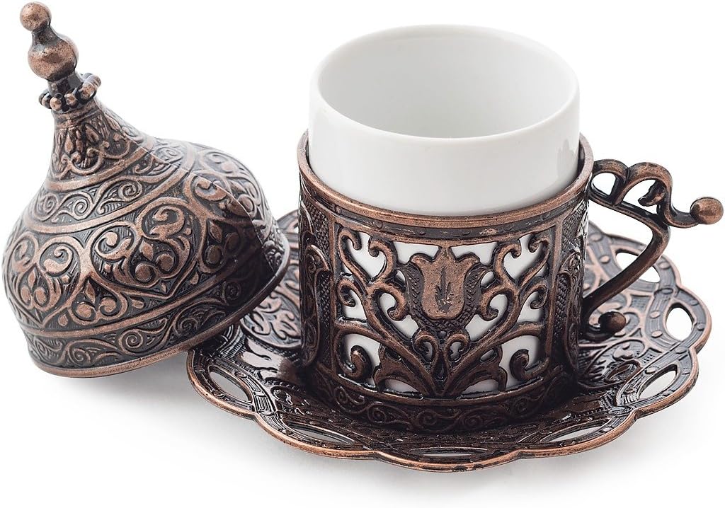 New Premium Turkish Greek Arabic Coffee Espresso Serving Set for 2,Cups Saucers Lids Tray Delight Sugar Dish 11pc (Copper)