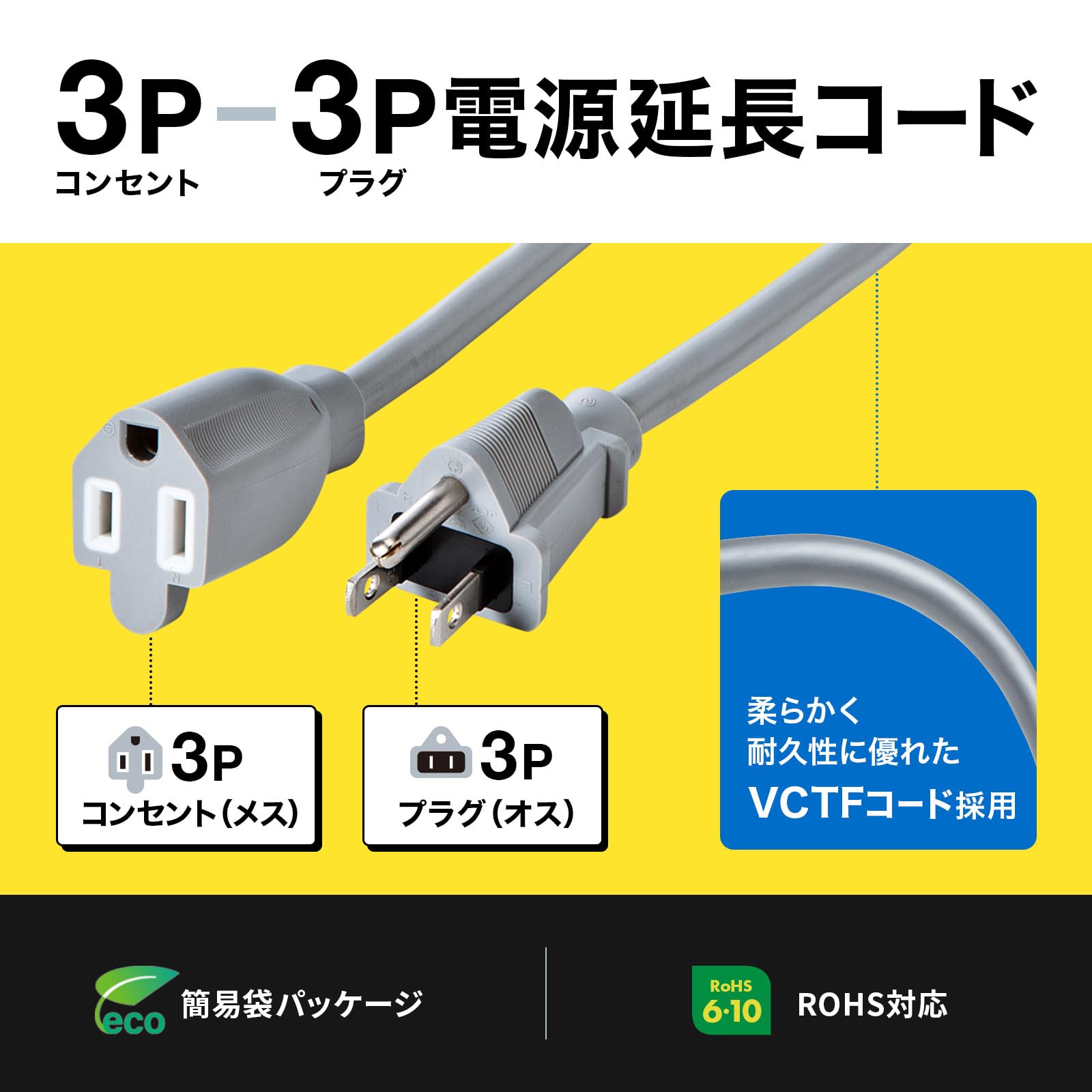 Amazon | サンワサプライ 電源延長コード 2m TAP-EX253-2