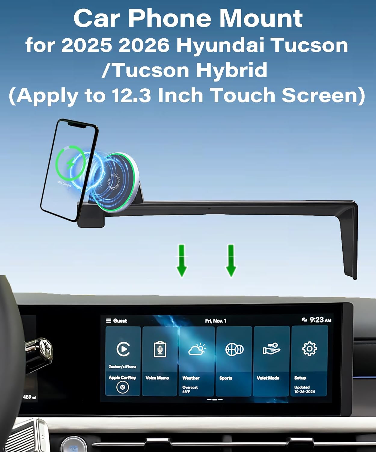 Car Phone Holder for Hyundai Tucson 2025 2026 Tucson Hybrid Accessories Apply to 12.3 Inch Touch Screen 15W Fast Wireless Charger Screen Fixed Clip Cell Phone Mount