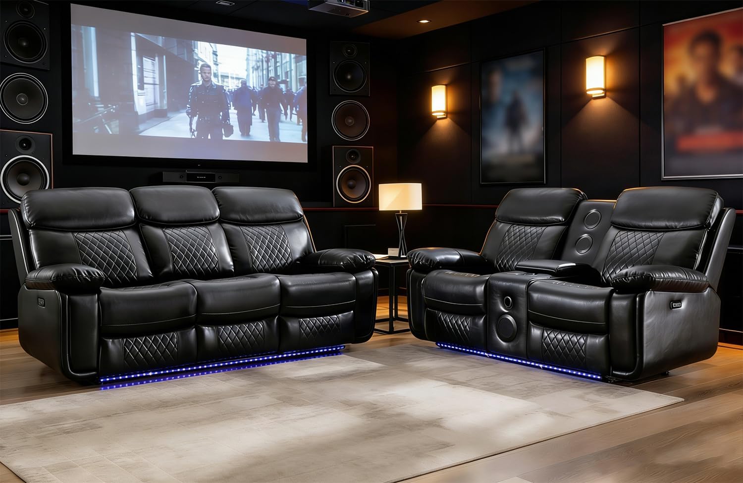 Home Theater Seating, Black Faux Leather Power Reclining Sofa Set with LED Lights, Bass Speakers, Cup Holders & Drop Down Table for Living Room, Media Room