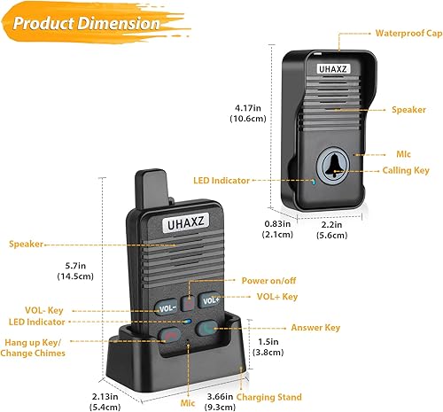 Miniatura 9 de Timbre inalámbrico, timbre dúplex completo, inalámbrico, alcance de 1000 pies, timbre de puerta intercomunicador manos libres, comunicación de 2