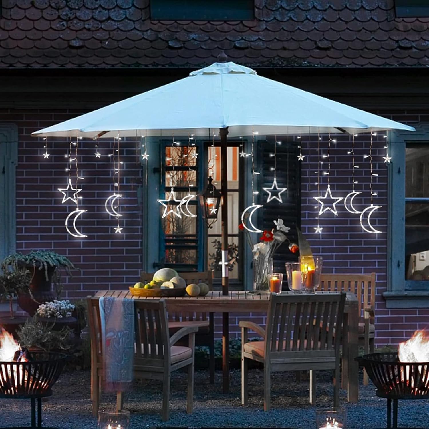 138 LED Ramadan Decorations Lights Solar Moon and Star Lights Outdoor Waterproof Powered Curtain Lights with 8 Modes Ramadan Hanging Decor for Ramadan, Home, Patio (Cold White)
