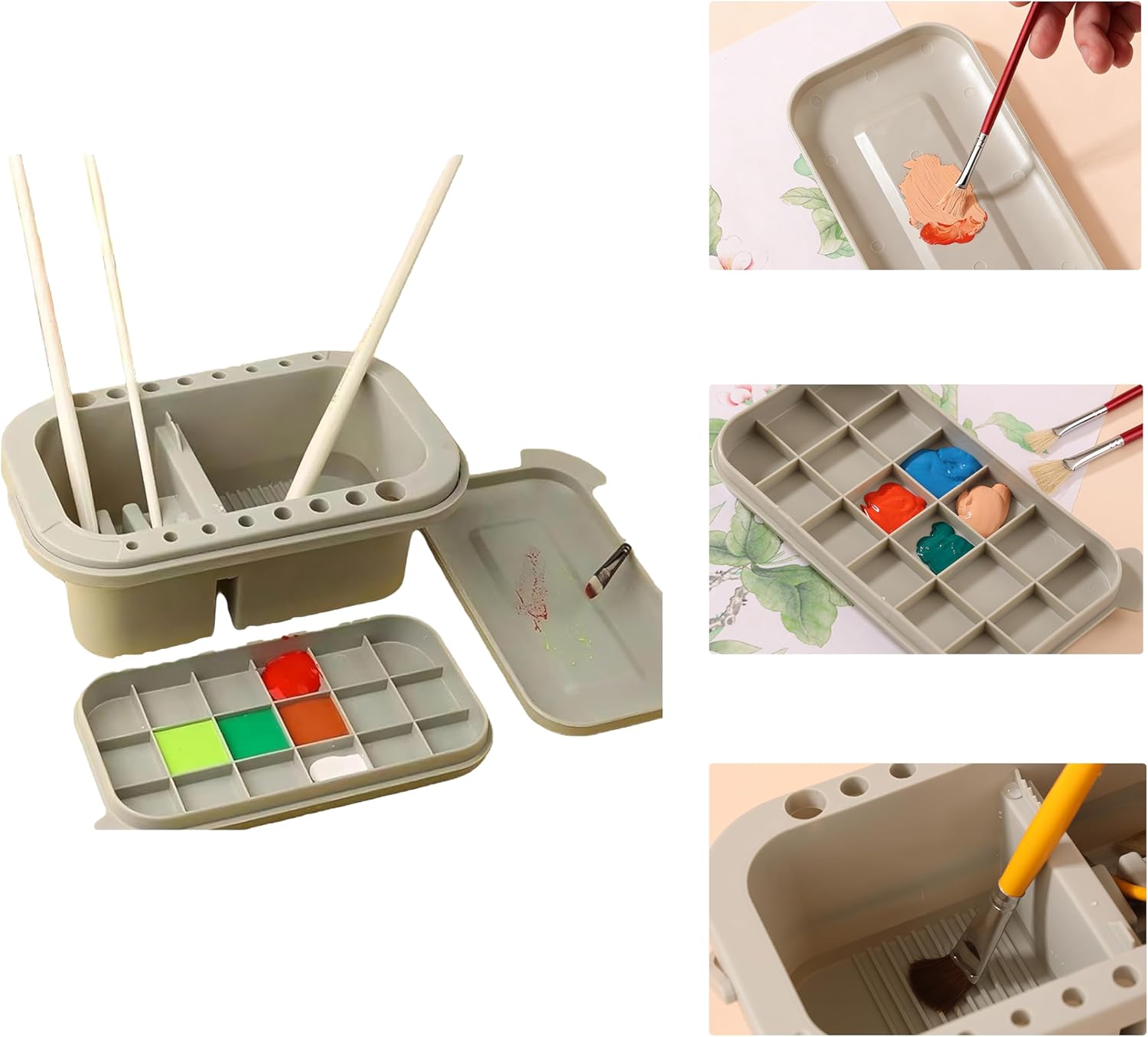 with Lid - 3-in-1 Organizer Includes Paint Palette & Water Cup, Portable Brush Storage & Cleaner Set for Acrylic/Oil Painting