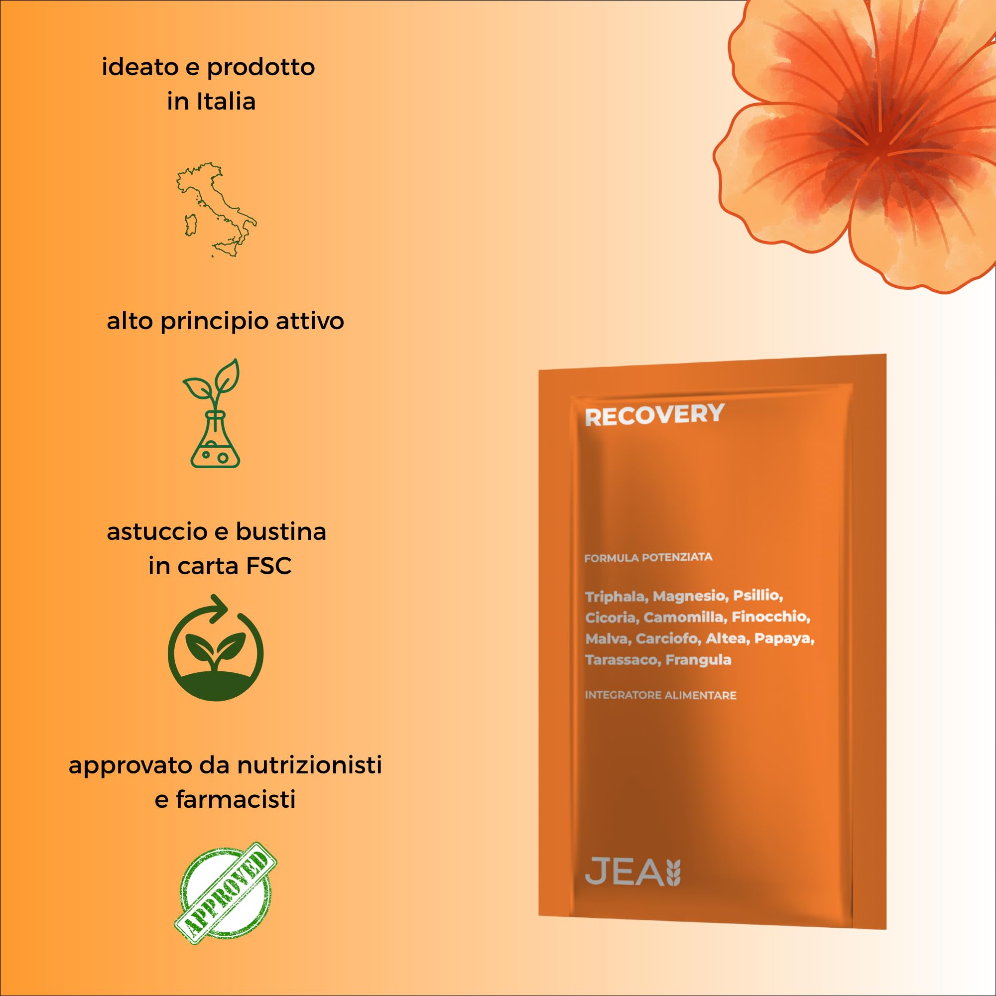 Jea RECOVERY Integratore Naturale per Regolarità Intestinale e Gonfiore - Formula Lenitiva con Psillio, Triphala, Malva e Camomilla - Depurativo Detox - 16 Bustine in Carta FSC