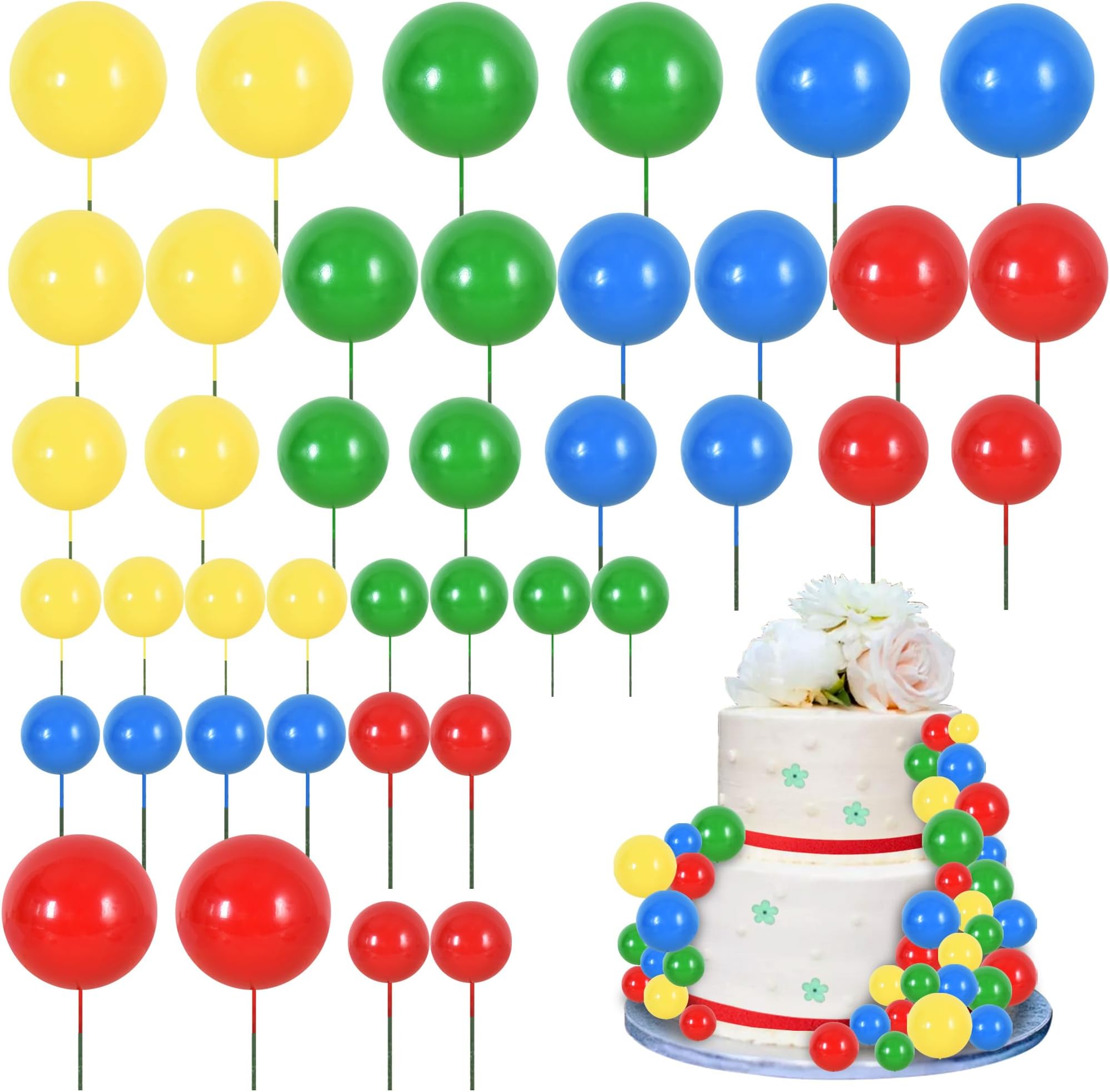 40 Pcs Ball Cake Toppers Insert Balls Cake Decorations Foam Balls Cake Toppers DIY Cake Ornament for Birthday Baking Baby Shower Anniversary and Wedding Party (Red Blue Yellow Green)