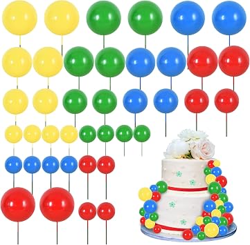 40 Pcs Ball Cake Toppers Insert Balls Cake Decorations Foam Balls Cake Toppers DIY Cake Ornament for Birthday Baking Baby Shower Anniversary and Wedding Party Red Blue Yellow Green