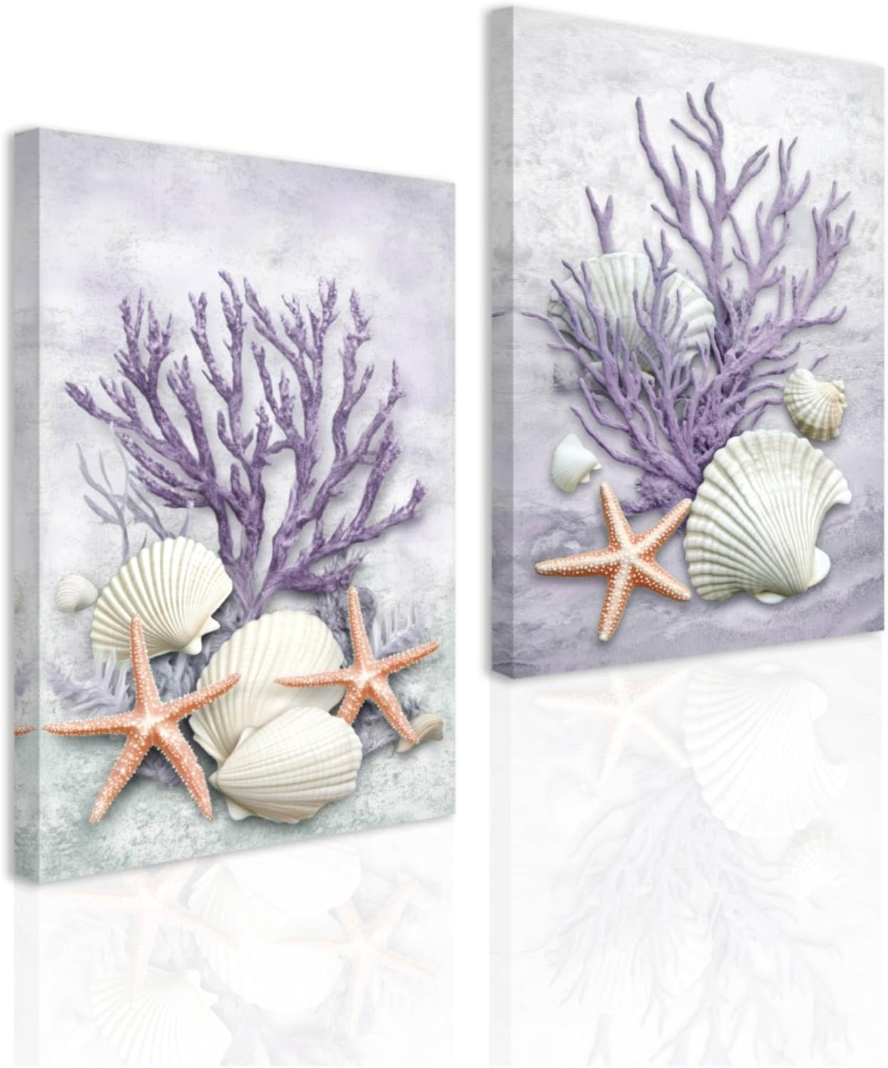 SWQYLB Coastal Wall Art 2 Piece Canvas Teal Coral Wall Decor for Bedroom Bathroom Nautical Picture Starfish Shell Prints Beach Home Decor Framed (11"x14"x2)