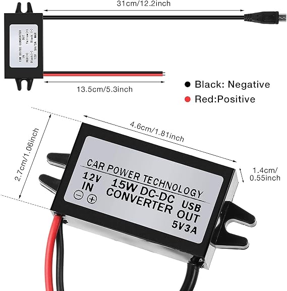12V to 5V USB Converter DC-DC Step Down Adapter 12V to USB 5V 3A Converter Regulator Cable Wires Car LED Display Power Supply Inventor Buck Converter Step Down Module Transformer Adapter
