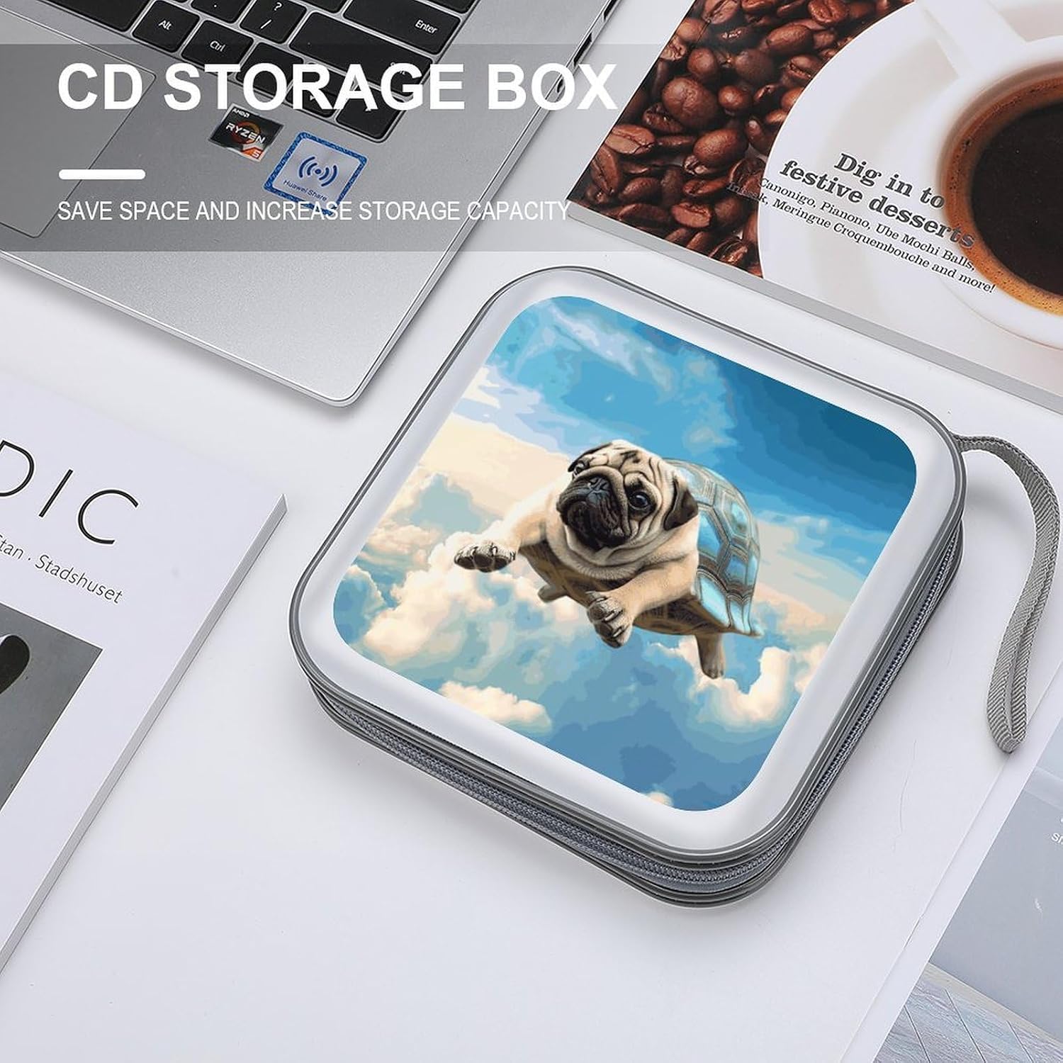 Funny Turtle Pug Dog in The Sky CD Case 40 Capacity CD/DVD Case Holder Disc Storage Organizer Wallet Bag Portable Zipper CD Case Holder for Car Home Office Travel
