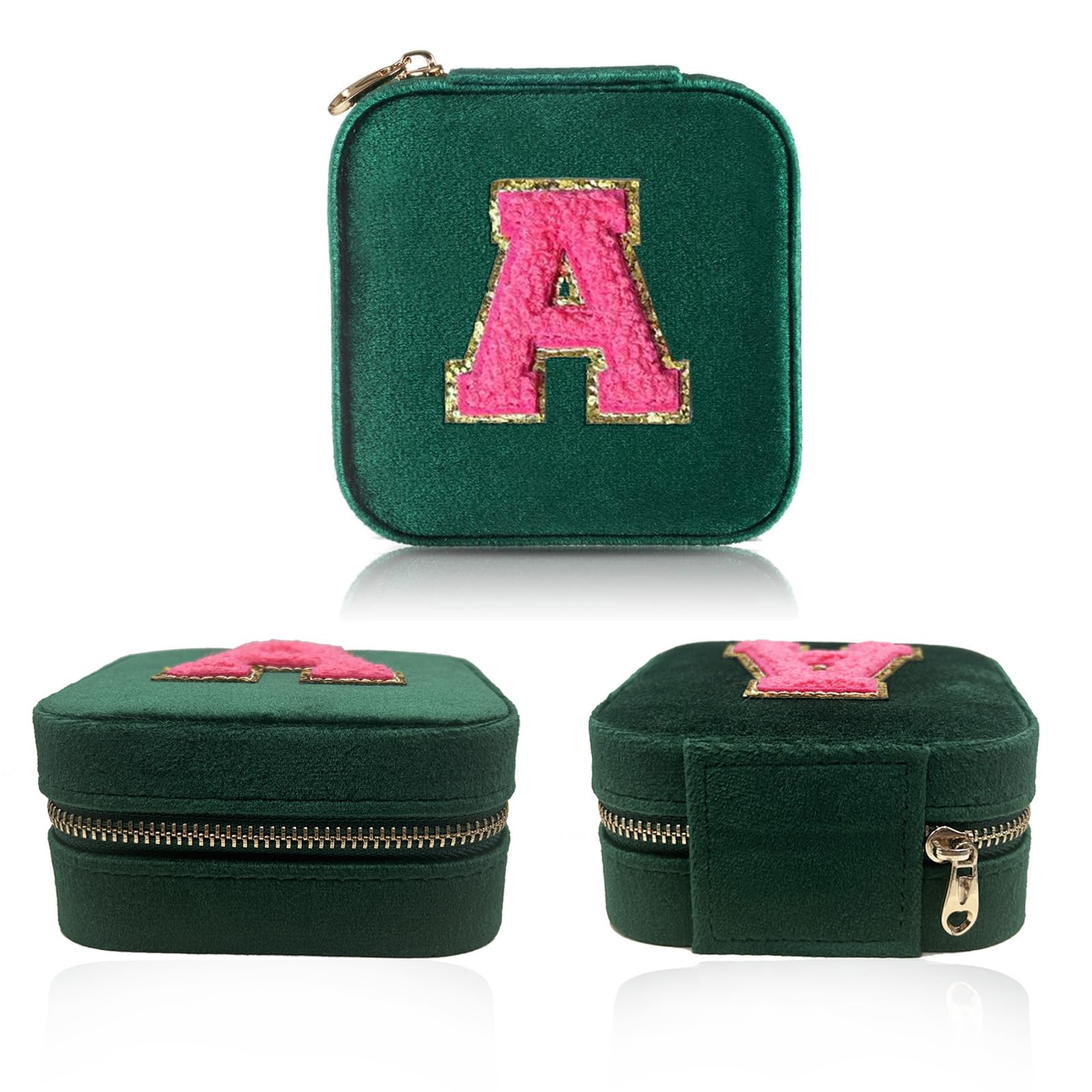 Personalized Small Velvet Travel Jewelry Case for Women Ring Necklace Earring Holder Organizer Box with Mirror, Velvet Green Jewelrys Case Girls Jewelryes Box,Birthday Gifts Mom Letter T