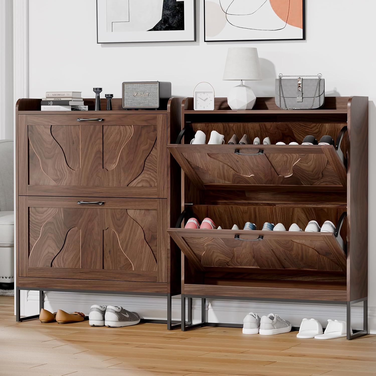 Shoe Cabinet with 2 Flip Drawers, Narrow Shoe Storage Cabinet for Entryway, Freestanding Organizer Shoe Rack Cabinet for Front Door Entrance Hallway Foyer Living Room, Walnut