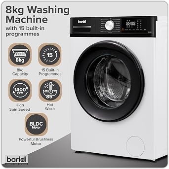 Baridi 8kg Front Load Washing Machine, 1400rpm Spin, 15 Programmes, BLDC Inverter Motor, Energy Rating A, White, Quiet Freestanding Laundry Care - DH262