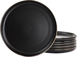 Elama Paul 6 Piece Stoneware Dinner Plate Set in Matt Black with Gold Rim