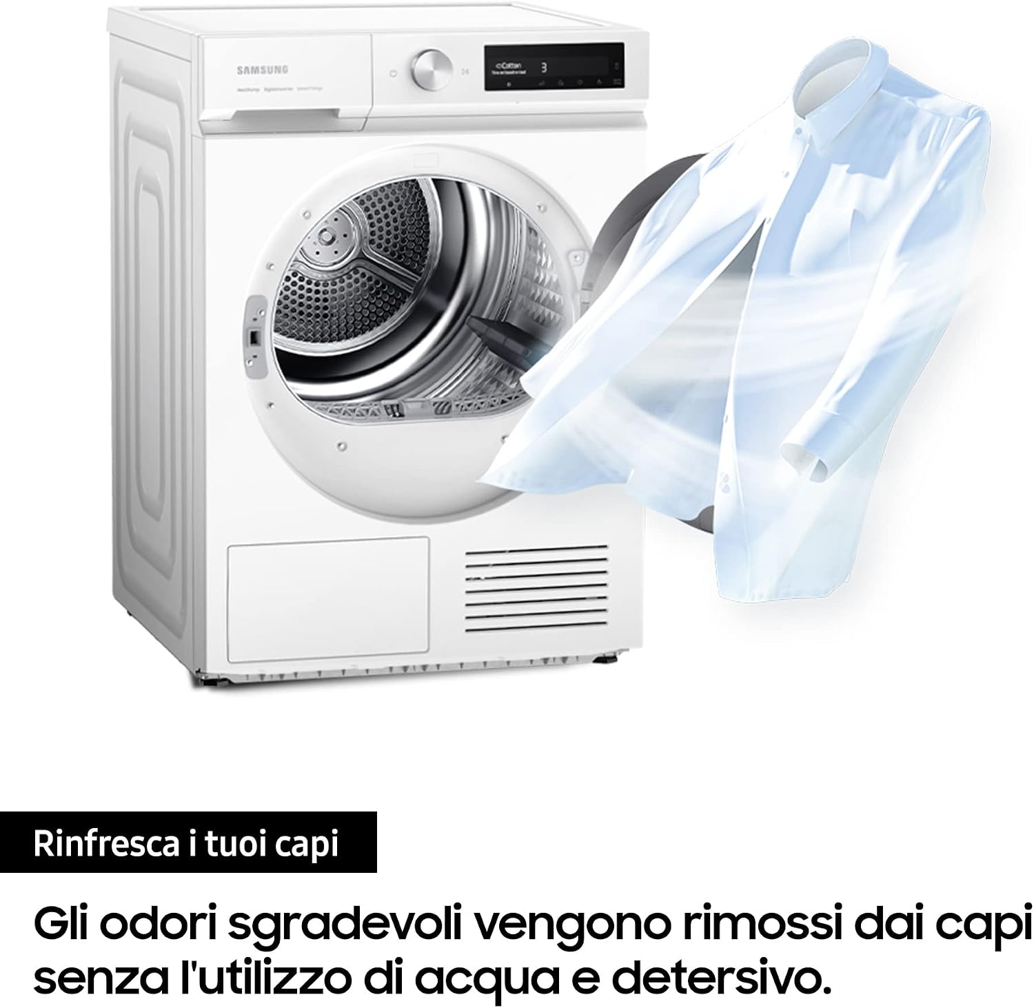 Dryer with a shirt floating, illustrating the Air Refresh function